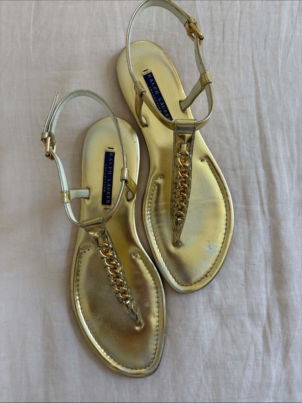 Ralph Lauren Collection Metallic Gold Chain T-Strap Sandals
